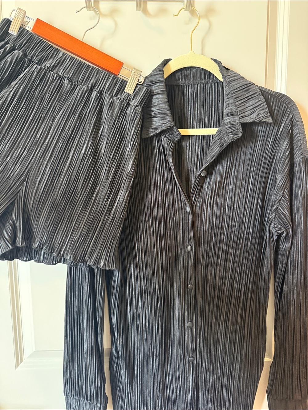 Crinkled Button-Down Top & Skirt Set - Metallic Charcoal